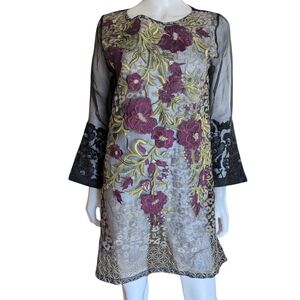 Elegant Black and Purple Floral Long Sleeve Dress